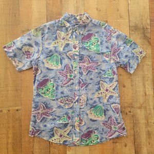 Chaps Blue Hawaiian Linen Blend Button Down Short Sleeve Shirt Medium